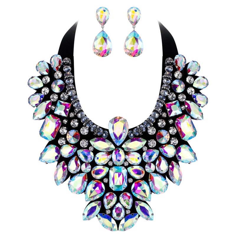Flyonce Costume Jewelry for Women, Rhinestone Crystal Statement Necklace Earrings Set Iridescent Clear AB Silver-Tone - Image 1